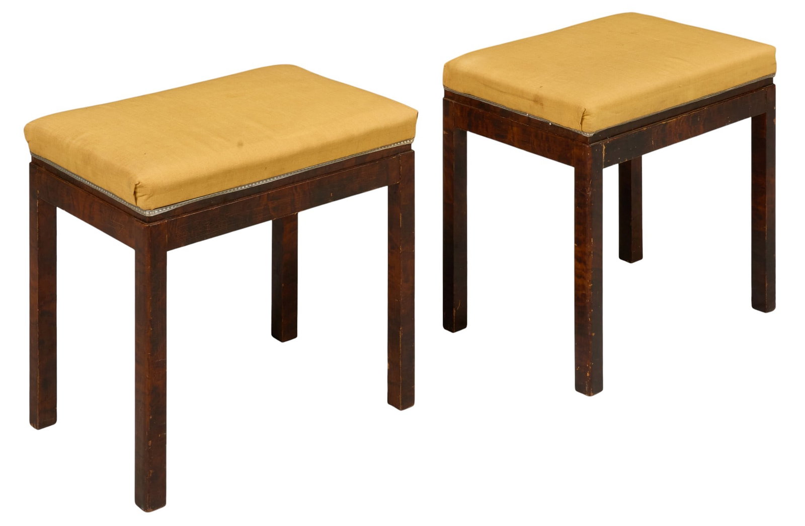 Pair of Mid-Century Upholstered Stools: Pair of mid-century stools, dark wood frames with mustard yellow upholstered seats and nailhead trim height 20 in. x width 21 in. x depth 15 in.
