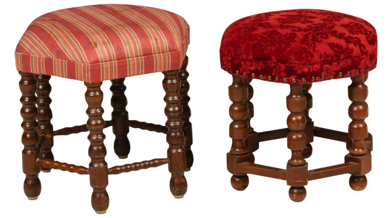 Pair of Mid-Century Upholstered Stools: Pair of mid-century wood stools, comprising one square stool with striped upholstery and turned legs, and one round stool with red floral velvet upholstery, brass nailhead trim and turned legs height
