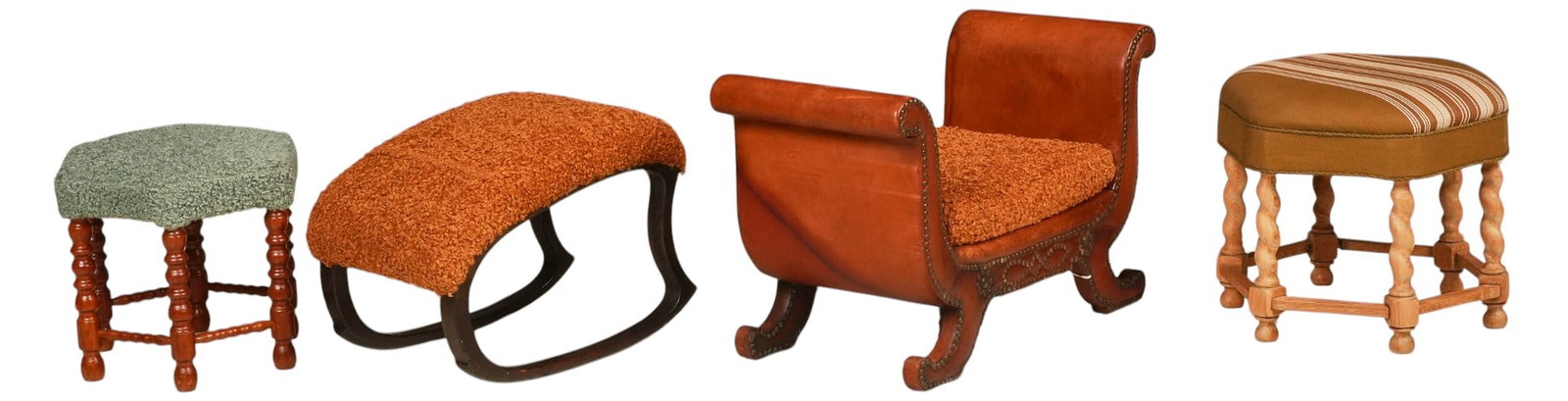 Group of (4) Mid-Century Upholstered Stools and Chair: Group of four mid-century seating pieces, comprising leather upholstered tub chair with nailhead trim and bouclé cushion, bouclé upholstered rocking stool, and two upholstered stools wit