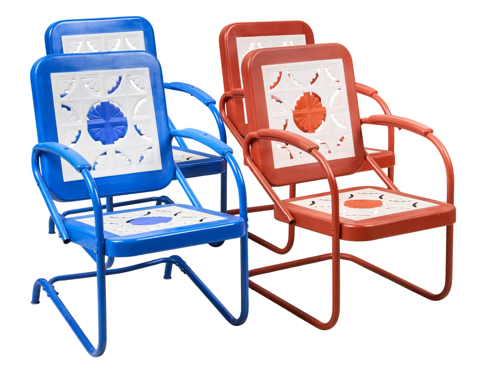 Set of (4) Colorful Patio Chairs: Set of four vintage painted metal patio chairs, includes two red and white examples, and two blue and white examples, circa early 1970s height 34 in. x width 23 in. x depth 25 in. / each Provenance: