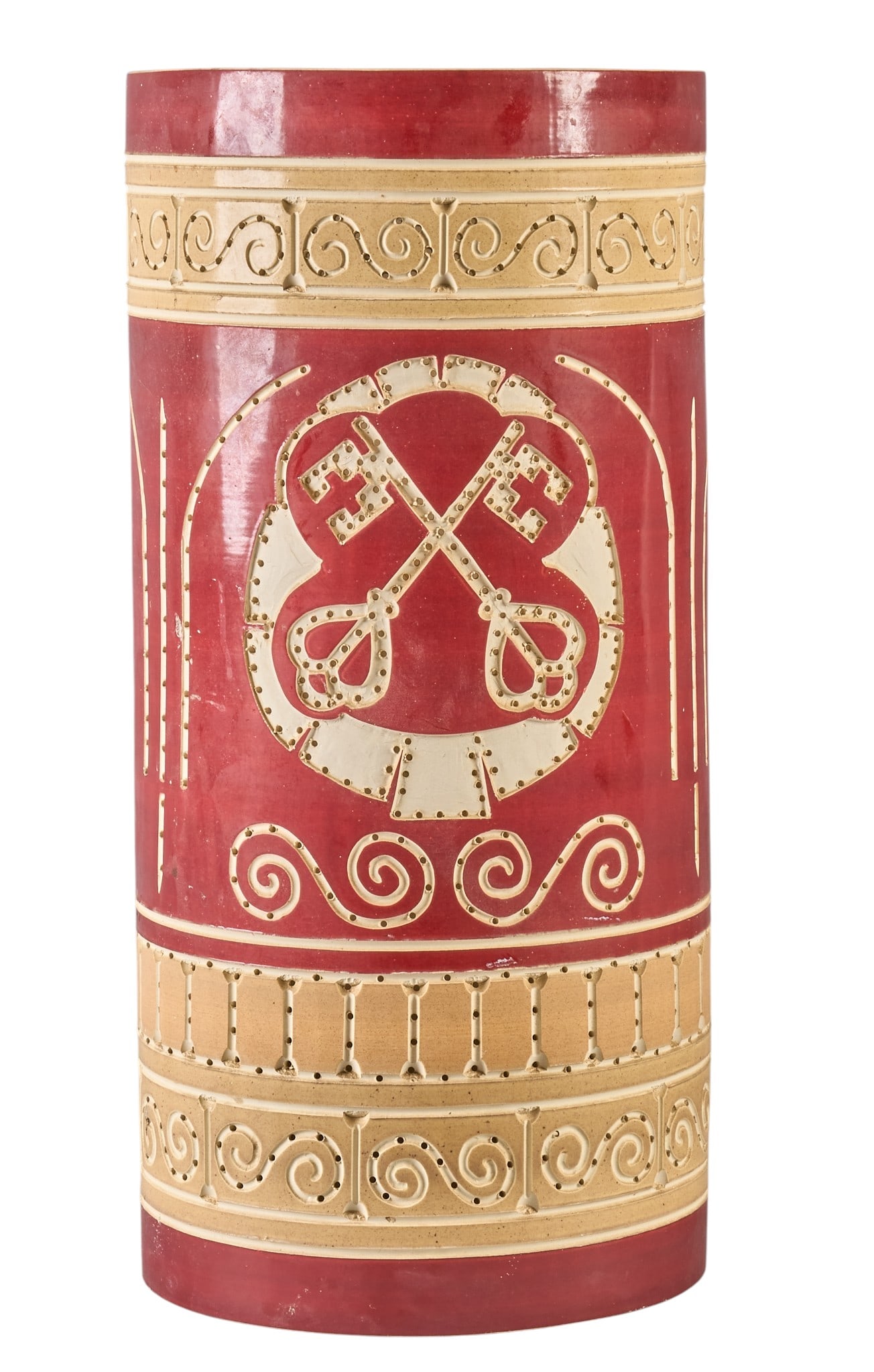 Beaumont Mood, Custom Ceramic Wall Sconce: Custom Beaumont Mood (San Antonio, Texas) glazed ceramic semi-cylinder wall sconce with single-bulb fixture, featuring perforated decoration and crossed keys motif, maker's mark inside 