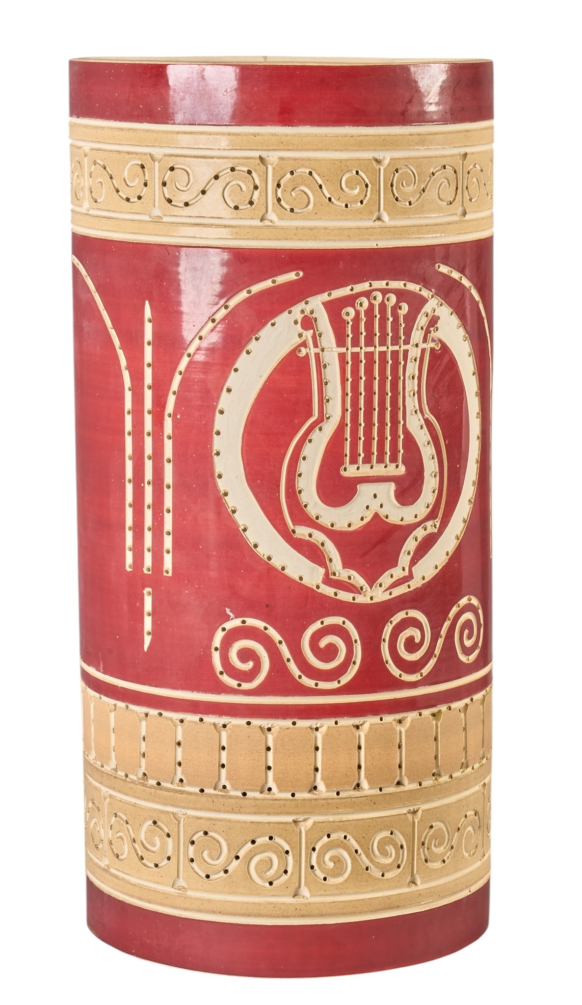 Beaumont Mood, Custom Ceramic Wall Sconce: Custom Beaumont Mood (San Antonio, Texas) glazed ceramic semi-cylinder wall sconce with single-bulb fixture, featuring perforated decoration and harp motif, maker's mark