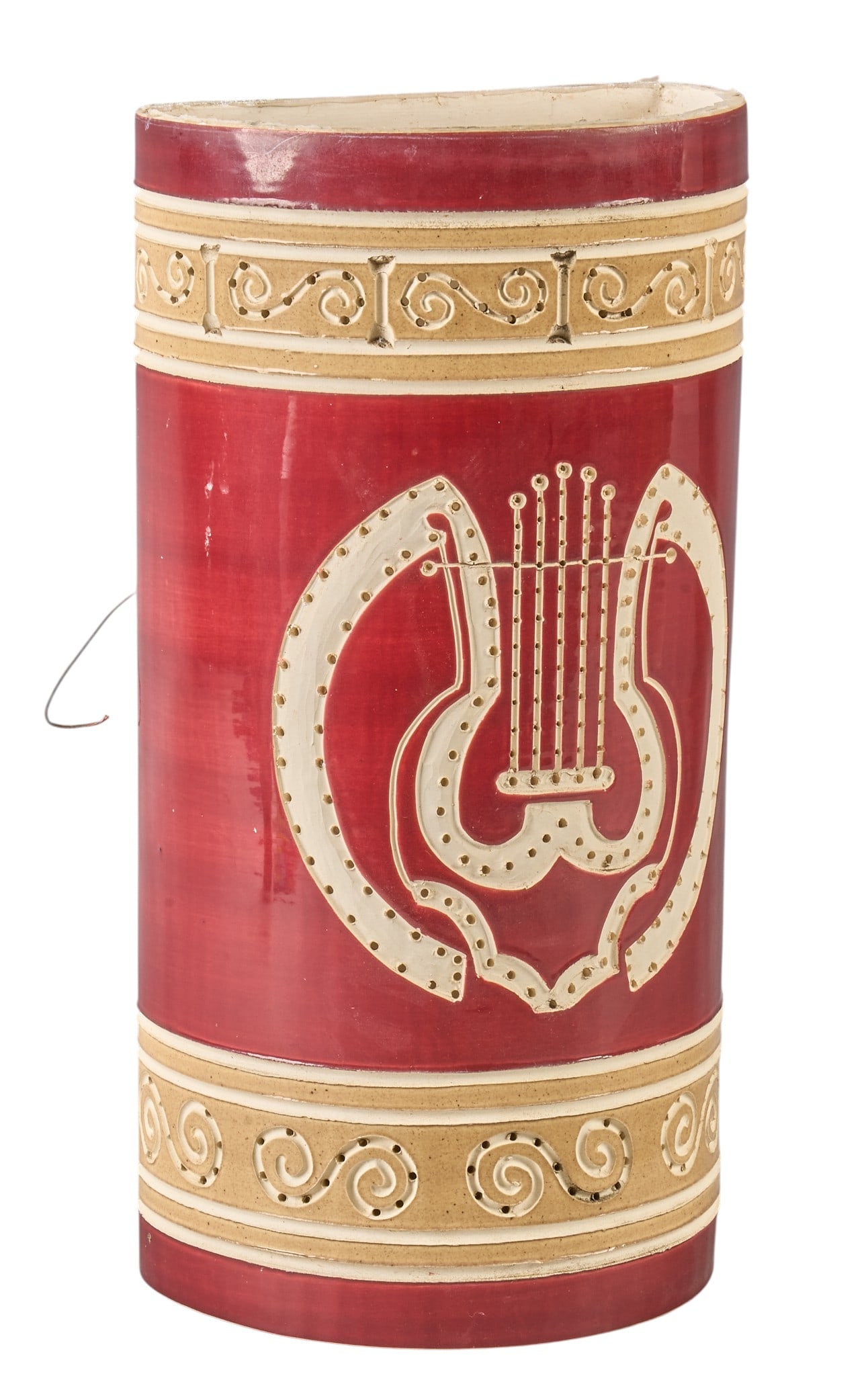 Beaumont Mood, Custom Ceramic Wall Sconce: Custom Beaumont Mood (San Antonio, Texas) glazed ceramic semi-cylinder wall sconce with single-bulb fixture, featuring perforated decoration and harp motif, maker's mark inside 