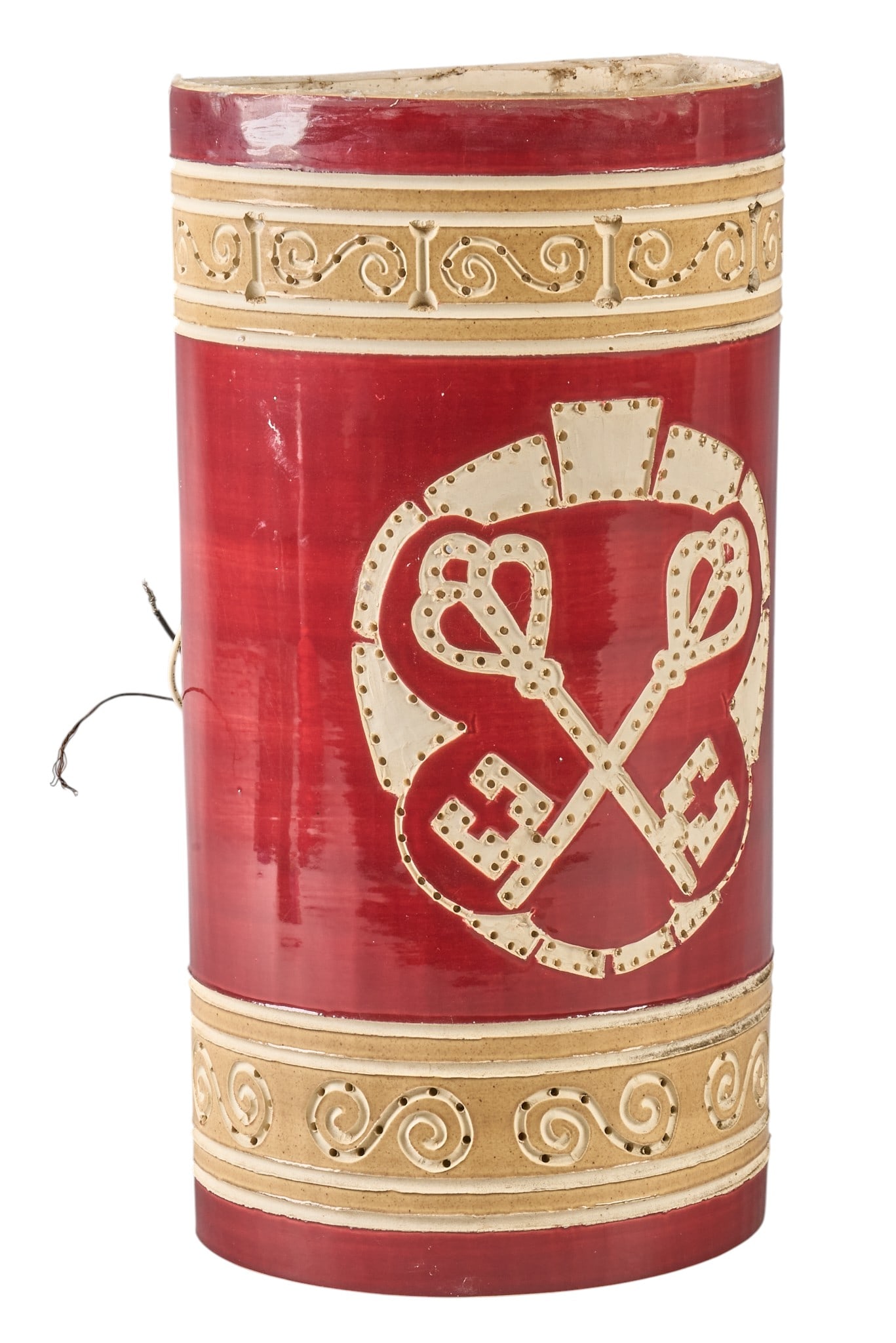 Beaumont Mood, Custom Ceramic Wall Sconce: Custom Beaumont Mood (San Antonio, Texas) glazed ceramic semi-cylinder wall sconce with single-bulb fixture, featuring perforated decoration and crossed-keys motif, maker's mark