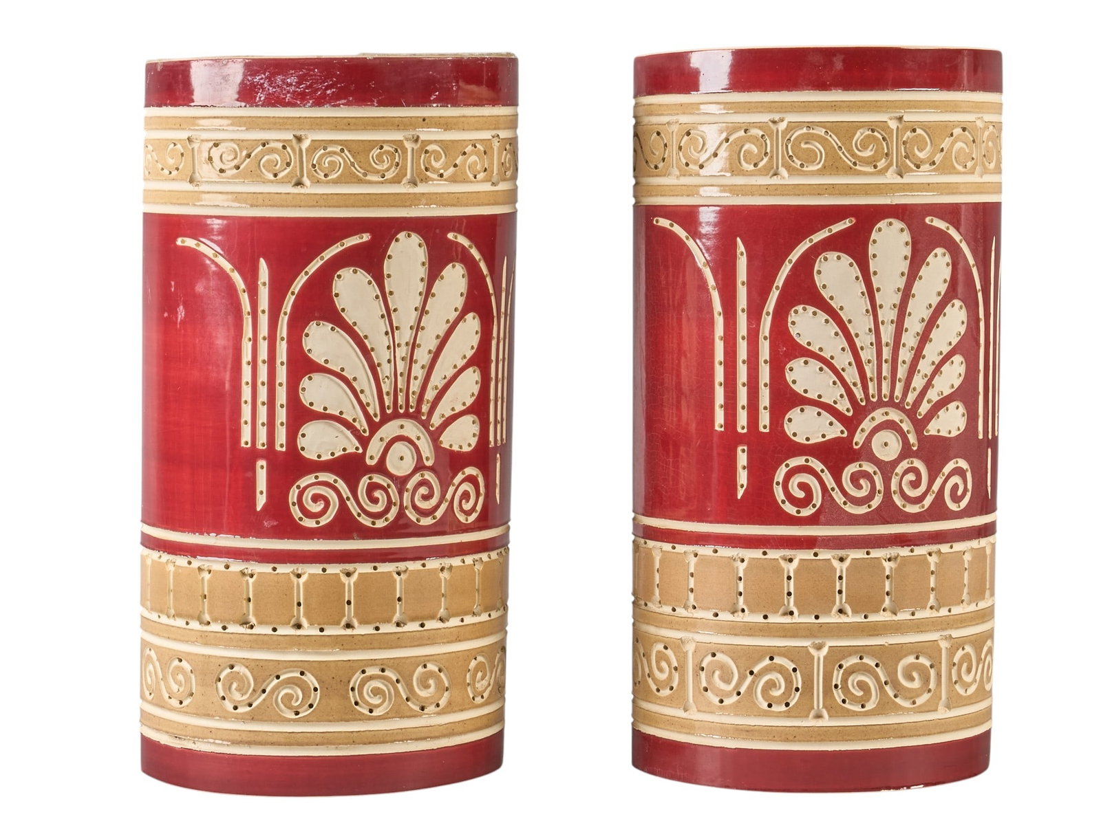 Beaumont Mood, Pair of Custom Ceramic Sconces: Pair of custom Beaumont Mood (San Antonio, Texas) glazed ceramic semi-cylinder wall sconces with single-bulb fixture, featuring perforated decoration and palmette and scroll motif,