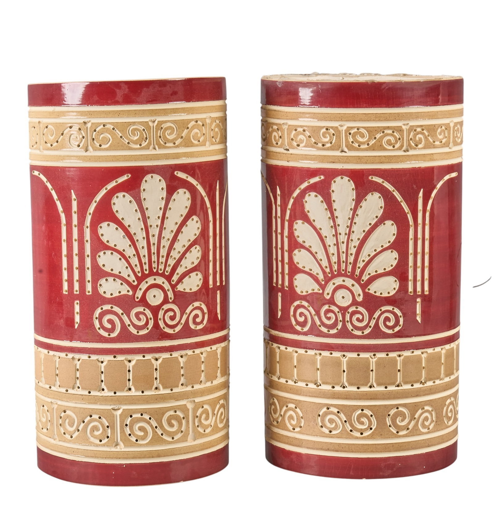 Beaumont Mood, Pair of Custom Ceramic Sconces: Pair of custom Beaumont Mood (San Antonio, Texas) glazed ceramic semi-cylinder wall sconces with single-bulb fixture, featuring perforated decoration and palmette and scroll motif,