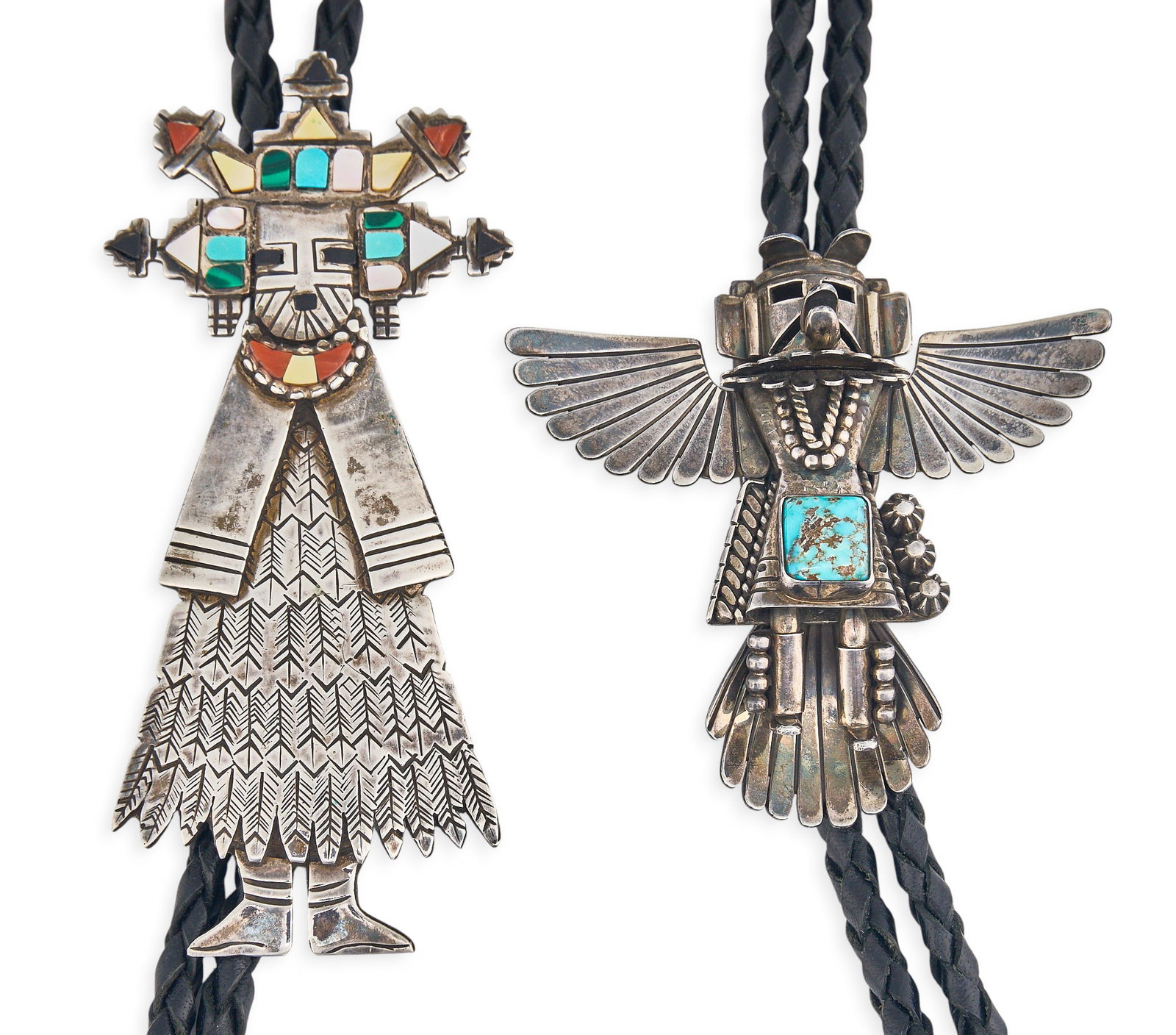 (2) Navajo Sterling Silver Kachina Bolos: Two Navajo sterling silver bolo ties depicting figural kachina figures, one set with single turquoise cabochon by Toby Henderson, and one set with multi-stone inlay signed "ROBT. KELLY" Leng