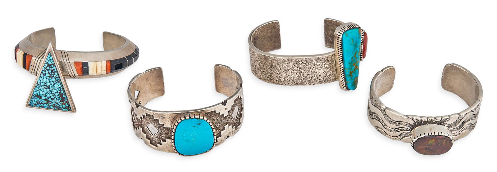 (4) Navajo Sterling & Multi-Stone Modernist Cuffs: Four Navajo sterling silver modernist style cuff bracelets, each set with multi-stone cabochons and inlay, featuring stamped details, all marked Circumference: 6.5 in. / largest Total weight: 303