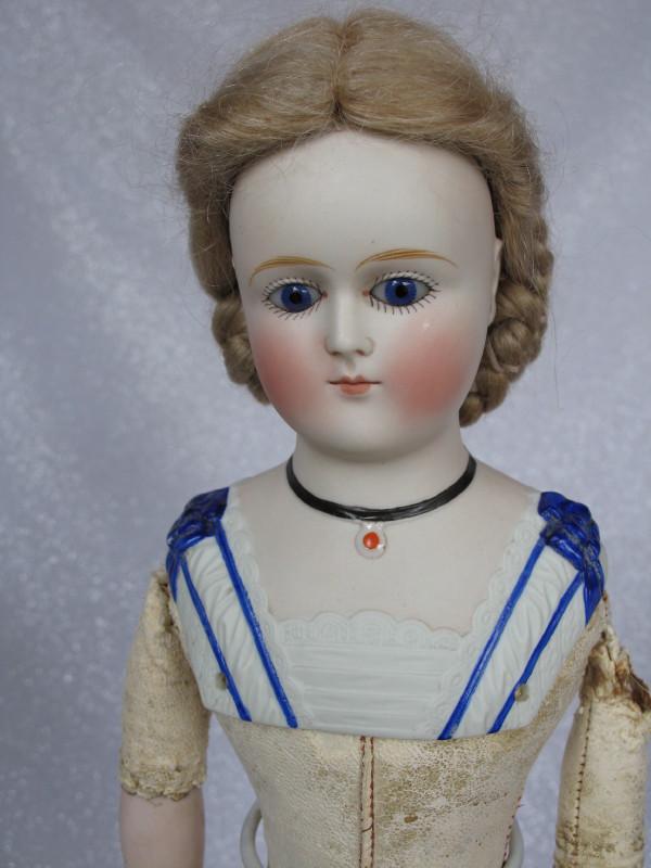 German Parian possible Hertel, Schwab & Co 15" (38cm): German Parian possible Hertel, Schwab & Co 15" (38cm) child c1880s. Pale Parian-type bisque shoulder head. Unusual dome head with replaced coronet braid blonde mohair wig. Cobalt blue inserted glass e