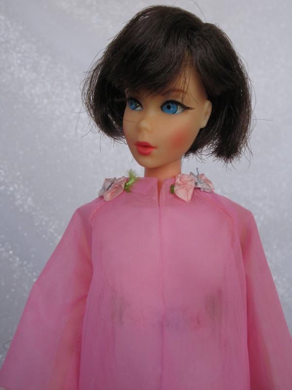 Mattel Barbie Hair Fair 1970 head on straight leg body,: Mattel Barbie Hair Fair 1970 head on straight leg body, removed green in both ears. Wearing scarce 1967 Francie Sweet 'n Swingin #1283 all original tagged prom outfit, pink long dress with embroidered