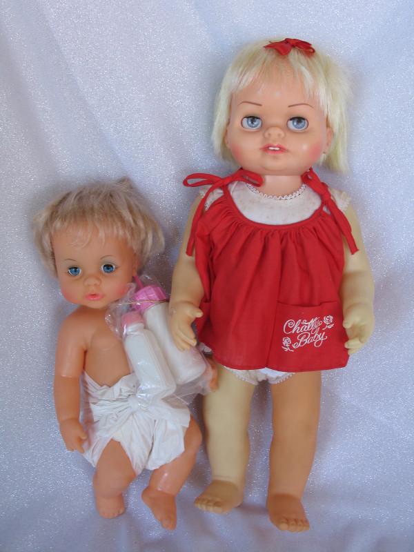Vinyl Mattel Chatty Baby 1962 Chatty Cathy 46cm. Some: Vinyl Mattel Chatty Baby 1962 Chatty Cathy 46cm. Some fade to right leg and arms, originally tagged outfit, voice still works. ALSO Ideal 1971 Baby with bottles. PLUS Three played 16.5cm Adorable Debb