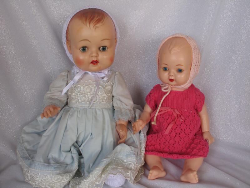 Two 60s OK Kader Babies:- Blue outfit on 51cm, no teeth: Two 60s OK Kader Babies:- Blue outfit on 51cm, no teeth and replaced lashes. Pink knit 41cm has no teeth/lashes and 2cm split at back of head.