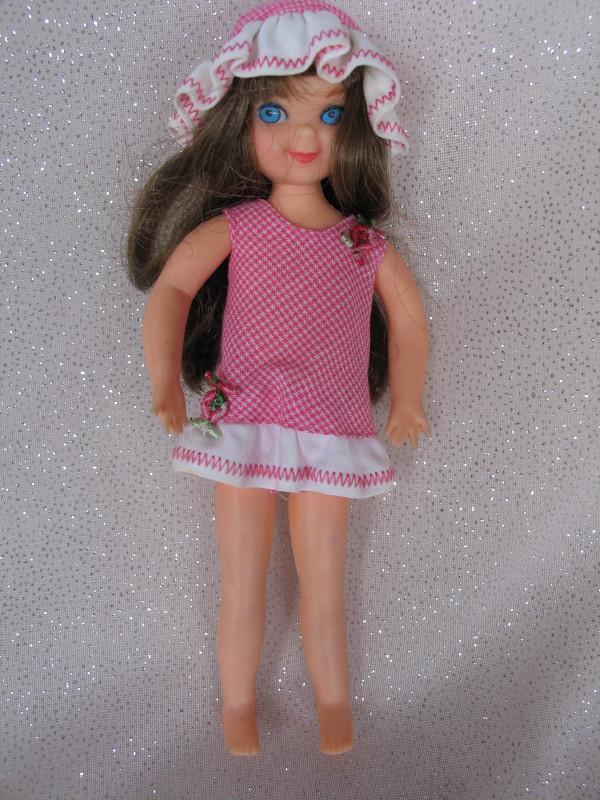 Mattel 1965 Tutti brown hair in "Play Suit" #3550, pink: Mattel 1965 Tutti brown hair in "Play Suit" #3550, pink swimsuit and hat. Plus Buffy Affair with arm outstretched in original red white dress, undies and socks, freckles, hair in original set with rib