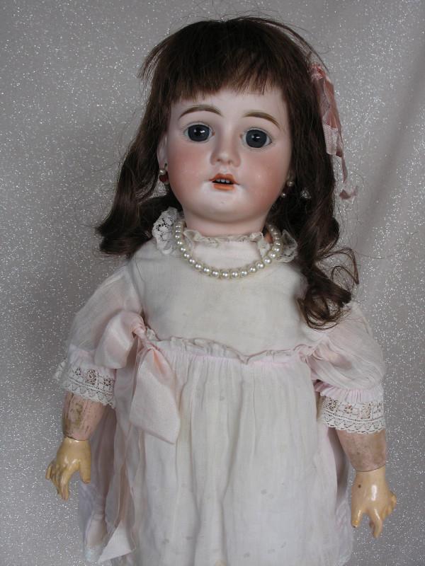 French S. F. B. J. Walking, Talking Bebe bisque 22": French S. F. B. J. Walking, Talking Bebe bisque 22" (56cm), Head marked with raised "V" and incised 4. Paperweight gray glass eyes, angled lashes, feathered brown brows, open mouth with red peak accen