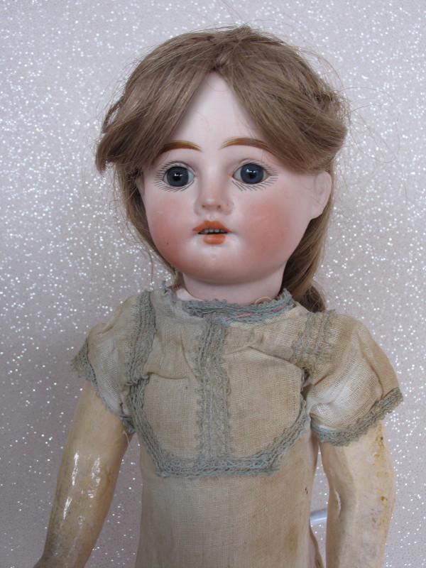 Bisque S. F. B. J. "La Chemise" Eden Bebe c1901-1914: Bisque S. F. B. J. "La Chemise" Eden Bebe c1901-1914 incised '0' and raised V mark, 16" (41cm). Paperweight blue glass eyes, angled lashes, brown gloss feathered brows, pink open mouth porcelain upper