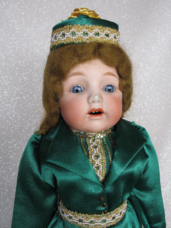 Bisque Japan 'Fy' toddler shoulderhead 18" (46cm).: Bisque Japan 'Fy' toddler shoulderhead 18" (46cm). Applied brown mohair wig hides side forehead hairline and back hairline. Blue glass sleep eyes, upper lower lashes, feathered brows, open pink mouth 
