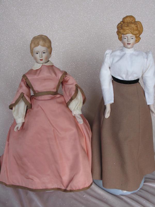 Four porcelain Fashion / Artist Dolls: Four porcelain dolls:- 1970s porcelain Fashion Dolls Japan BSCO Gibson Girl 1979 in daywear costume 44cm, Shackman type 41cm Fashion lady in a pink outfit. Also two all-porcelain 19cm German reproduct