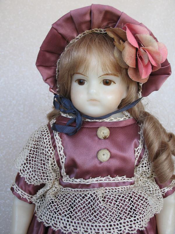 Original artist English Myrtle Smith poured wax child: Original artist English Myrtle Smith poured wax child 1970s "Henrietta" turned shoulderhead 47cm . All original with brown inserted glass eyes, sausage curl wig, cloth body with poured wax limbs . Aub