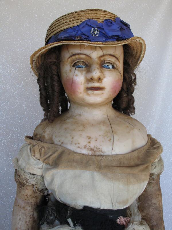 Weary German Wax over plaster c1900s shoulderhead: Weary German Wax over plaster c1900s shoulderhead companion 34" (86cm) . The wire-operated eyes have a rocker, but are not attached to blue glass eyes which need a reset and replacing, wax eyelids are