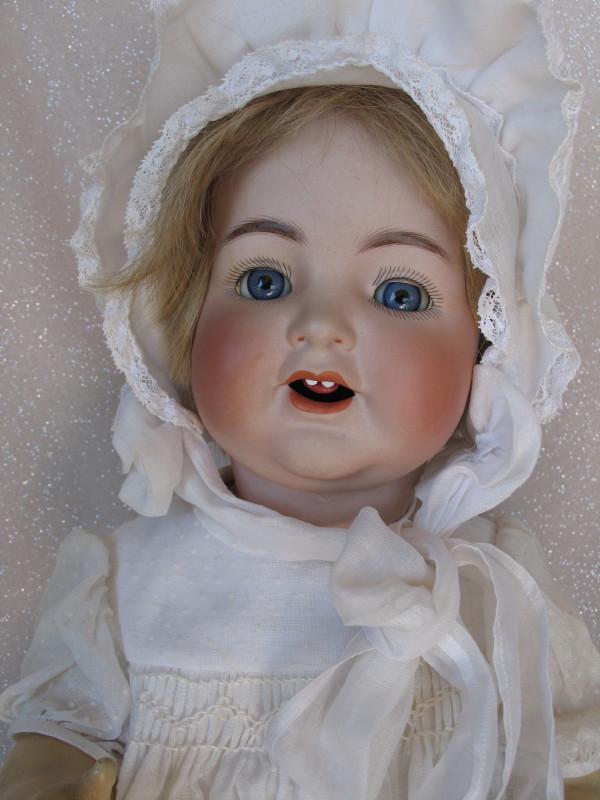 Character Kammer & Reinhardt 126 'My Darling' baby: Character Kammer & Reinhardt 126 'My Darling' baby 1920s bisque 20" (51cm) . Hairline from lower right eye under the chin to near left cheek . Blue glass sleepy eyes, angled lashes, feathered brows . 
