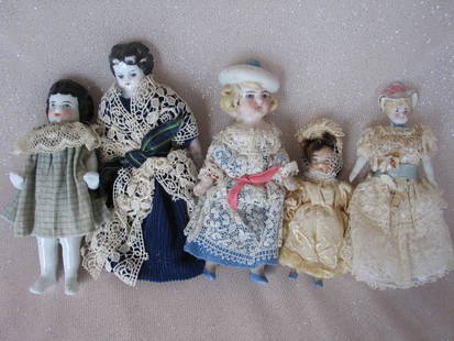 Five Antique Cabinet dolls:- Bonnethead 12cm, Frozen: Five Antique Cabinet dolls:- Bonnethead 12cm, Frozen Charlotte 12cm, Bonnethead 12cm, All-bisque 8cm, Chinahead 12cm on new body .