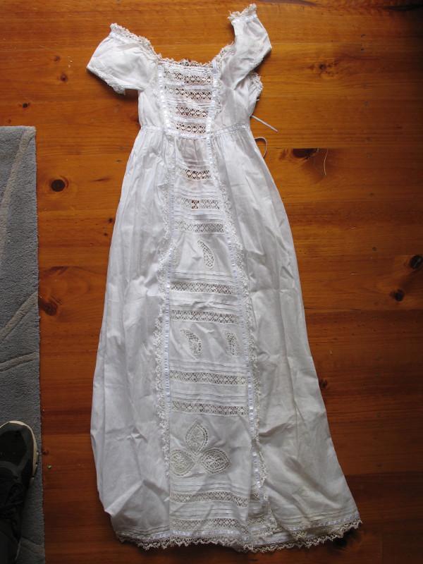 Two suitable for dolls . Vintage 106cm Christening Gown: Two suitable for dolls . Vintage 106cm Christening Gown with inserted lace . Antique whitewear dress 65cm with inserted lace .