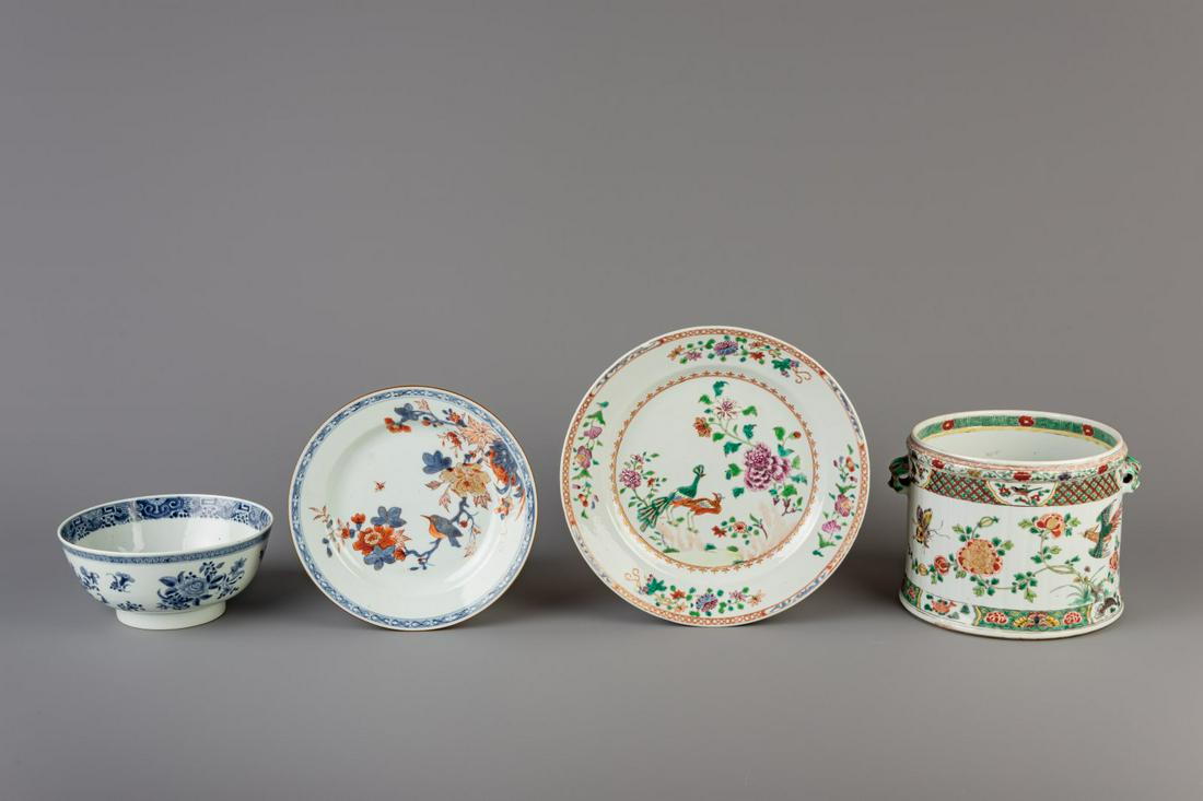 A Chinese famille verte wine cooler, two dishes and a: Title: A Chinese famille verte wine cooler, two dishes and a bowl, Kangxi/Qianlong Description: Dimensions: H 17 cm - Dia.: 24 cm (the wine cooler) H 9 cm - Dia.: 19,8 cm (the bowl) Dia.: 28,5 - 23 cm