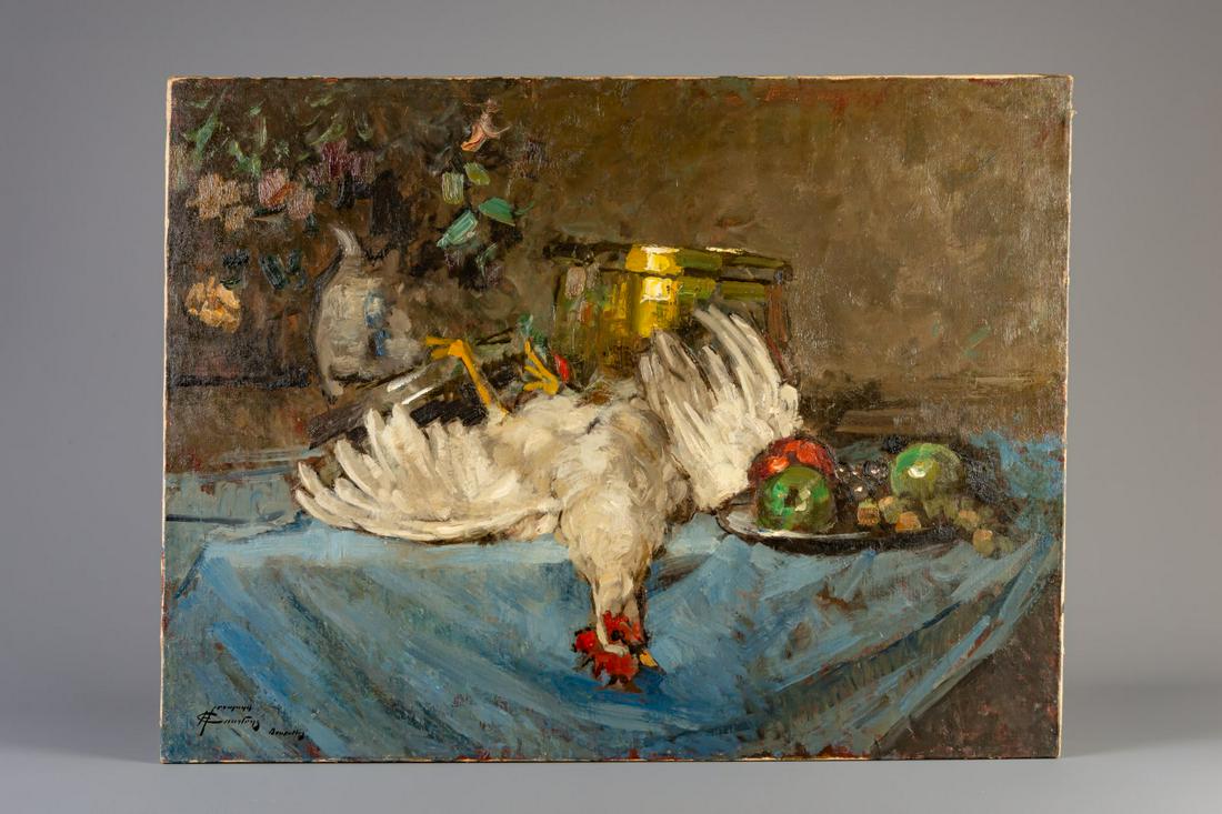 Hermann Courtens (1884-1956): Still life with rooster,: Title: Hermann Courtens (1884-1956): Still life with rooster, oil on canvas Description: Dimensions: 105 x 80 cm Provenance: Ronald Luyten (+ 2017), de Kunstkamer Herentals. Exhibited: Mouscron, Musé