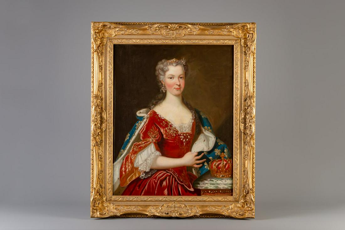 French school, follower of Jean-Baptiste Van Loo: Title: French school, follower of Jean-Baptiste Van Loo (1684-1745): A portrait of Queen Maria Leszczynska of France, oil on canvas Description: Dimensions: Work: 82 x 65,5 cm Frame: 102 x 86 cm Compa