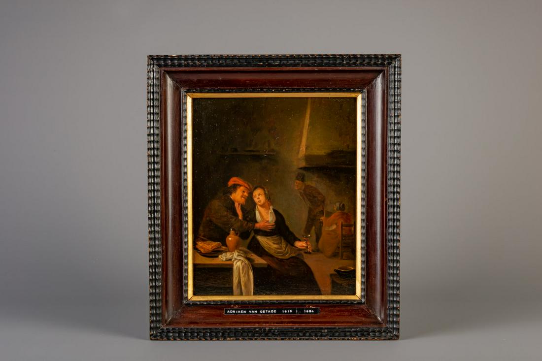 Flemish school, follower of Adriaen Jansz. van Ostade: Title: Flemish school, follower of Adriaen Jansz. van Ostade (1610-1685): Peasants making merry in an interior, oil on panel Description: Dimensions: Work: 31,2 x 24,8 cm Frame: 42 x 37 cm Compare: Ch