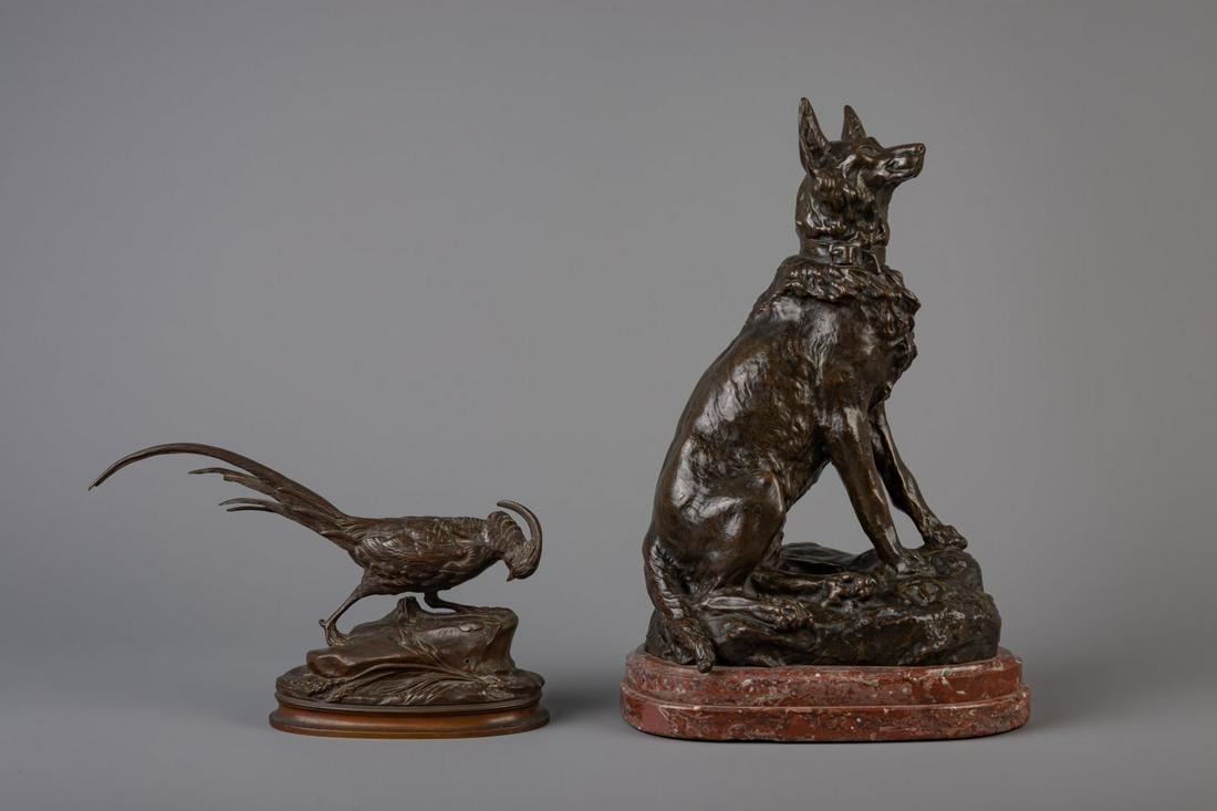 Thomas François Cartier (1879-1943): A dog, patinated: Title: Thomas François Cartier (1879-1943): A dog, patinated bronze on a red marble base & a pheasant after A.A. Arson Description: Dimensions: H 38 - 33,5 cm ( the dog with and without base) H 17,4 