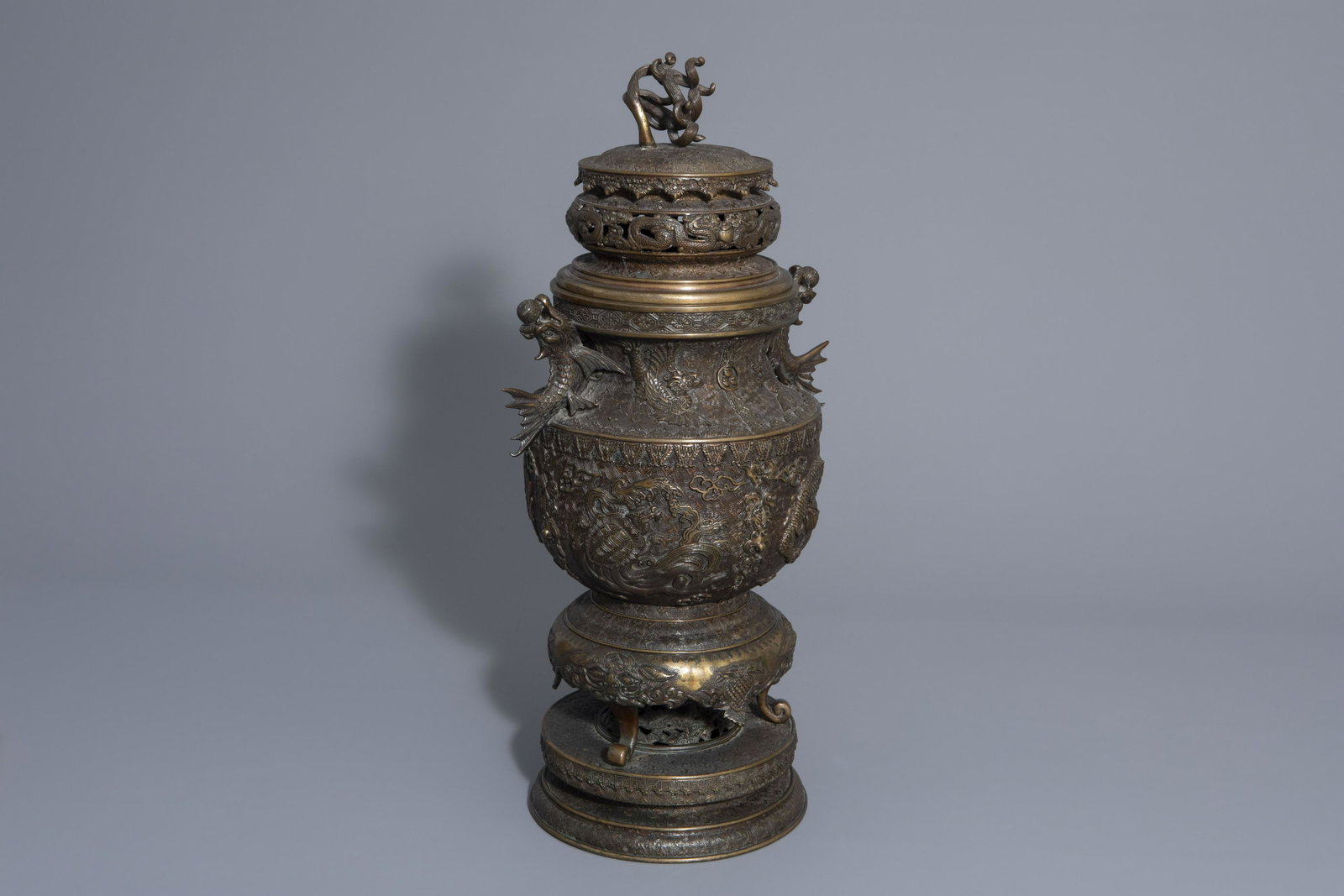 A large Japanese bronze incense burner or koro, Meiji,: A large Japanese bronze incense burner or koro, Meiji, 19th C. H 56 cm