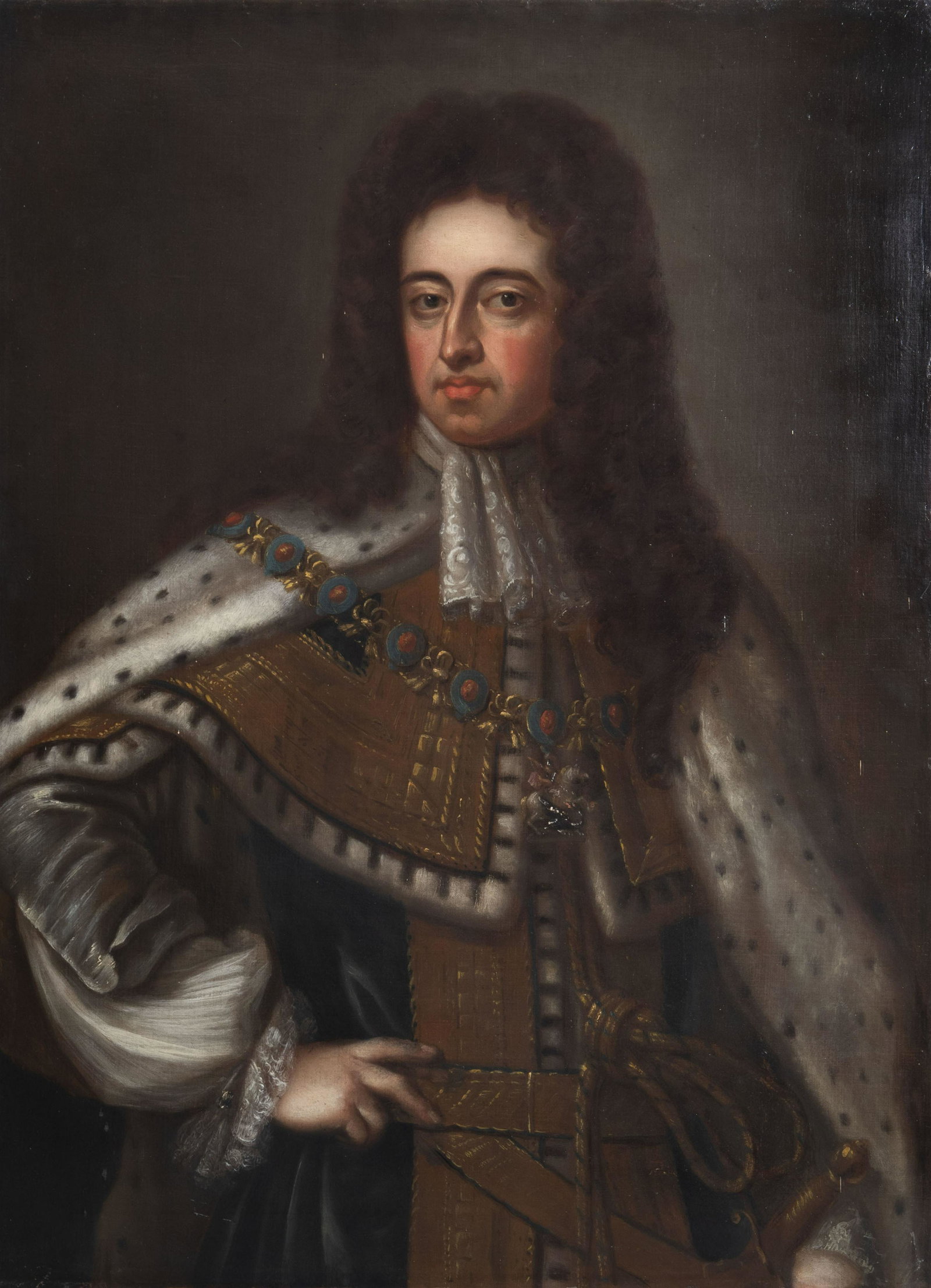English school, in the manner of Godfrey Kneller: English school, in the manner of Godfrey Kneller (1646-1723): Portrait of King William III with 'Great George', oil on canvas, 18th C.Work: 101,5 x 76,5 cm The prototype of this portrait by Sir Godfre