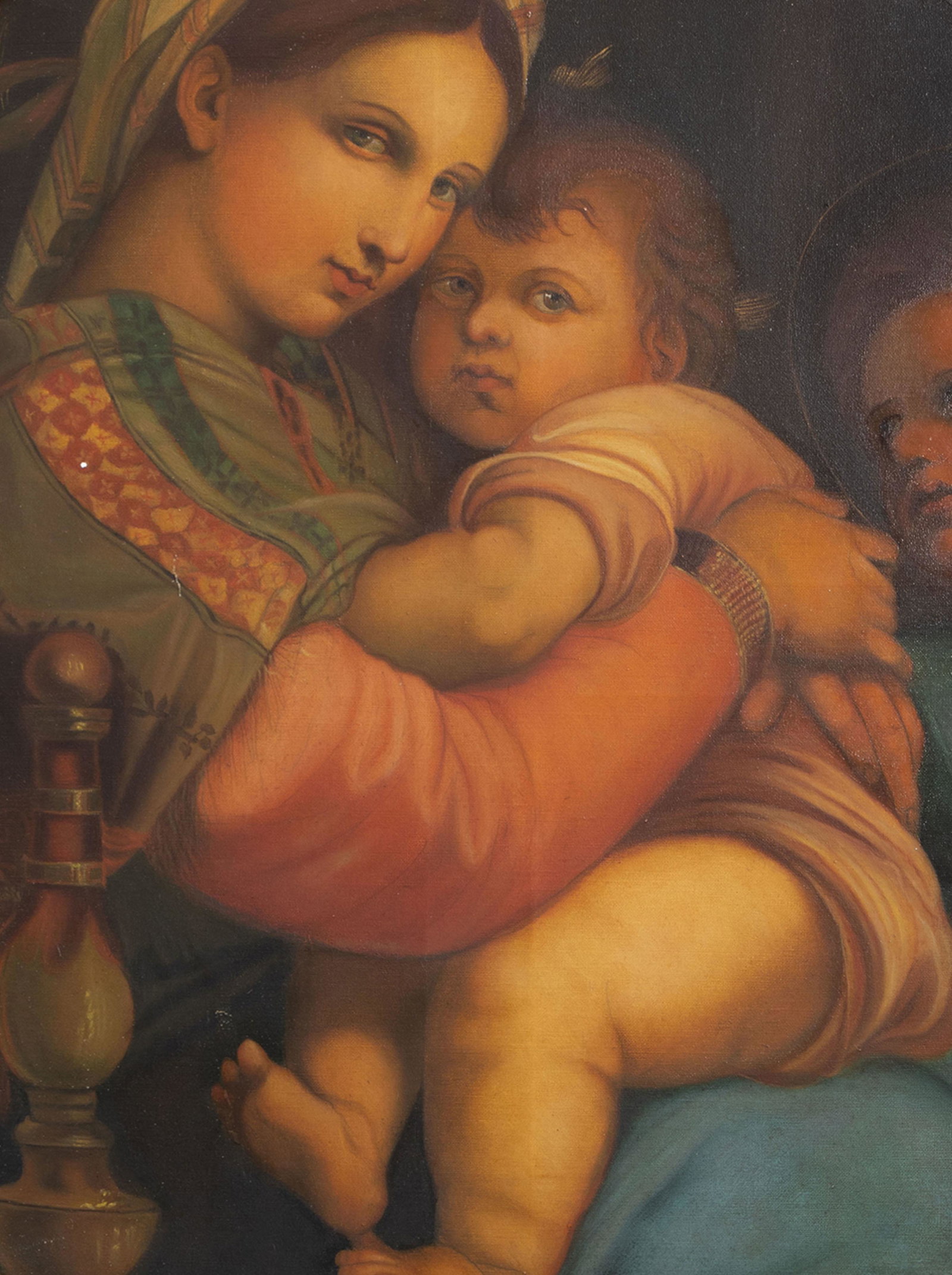 After Raphael (1483-1520): Madonna della Seggiola, oil: After Raphael (1483-1520): Madonna della Seggiola, oil on canvas in an exceptional gilt frame, 19th/20th C. Â Work: 72,5 x 72 cmÂ Frame: 134 x 112 cm Â The original painting is on view in the 