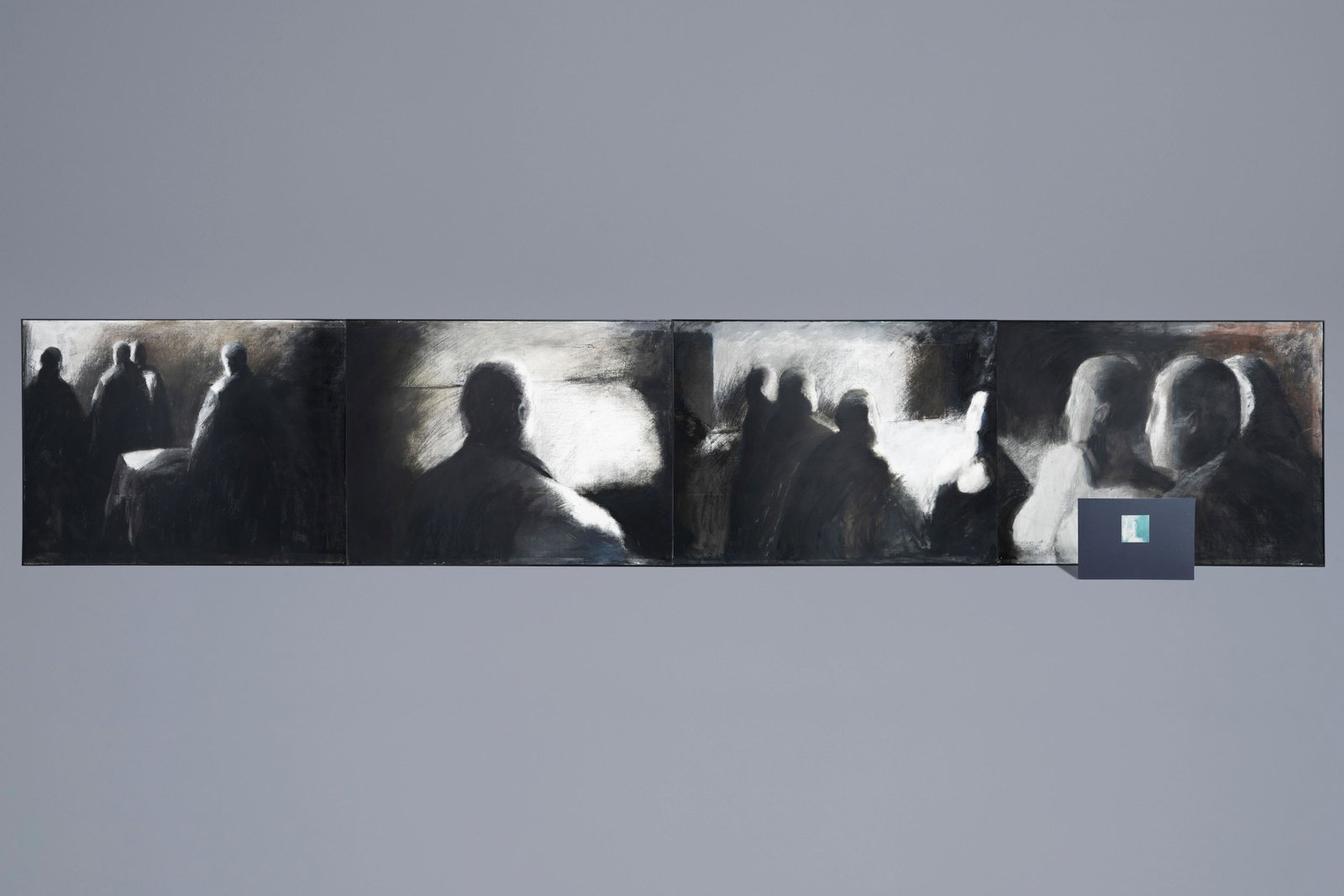 Roger Wolfs (1932): 'Les passagers', mixed media on: Roger Wolfs (1932): 'Les passagers', mixed media on paper marouflated on board, with accompanying monograph 490 x 91,5 cm (the four panels)Â 122,5 x 91,5 cm (one panel) Â Â Monograph: 'Wolfs'