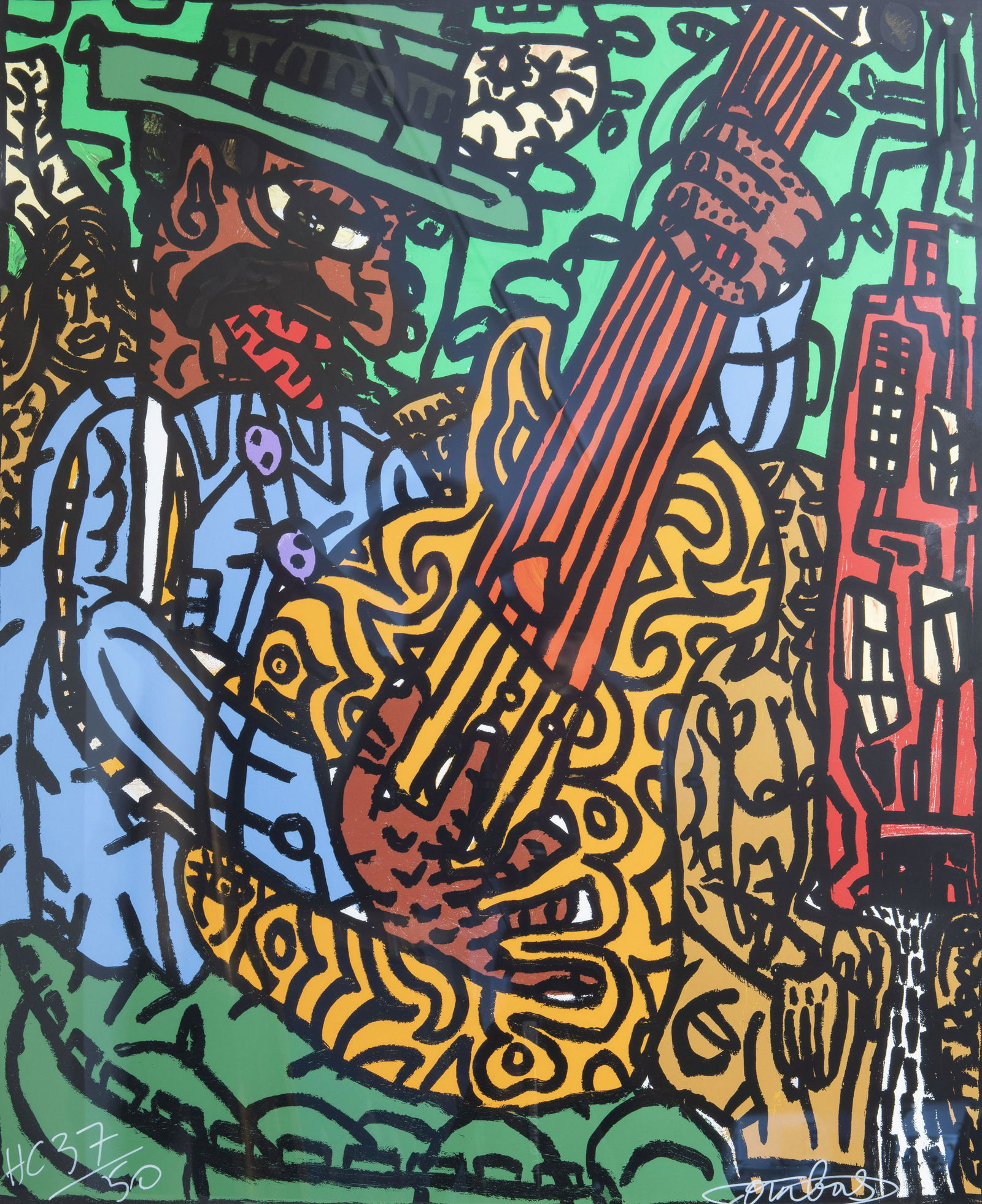 Robert Combas (1957): The guitar player, lithograph in: Robert Combas (1957): The guitar player, lithograph in colours, ed. HC 37/50 Work: about 84,5 x 68,5 cmÂ Frame: 88,2 x 72,2 cmÂ