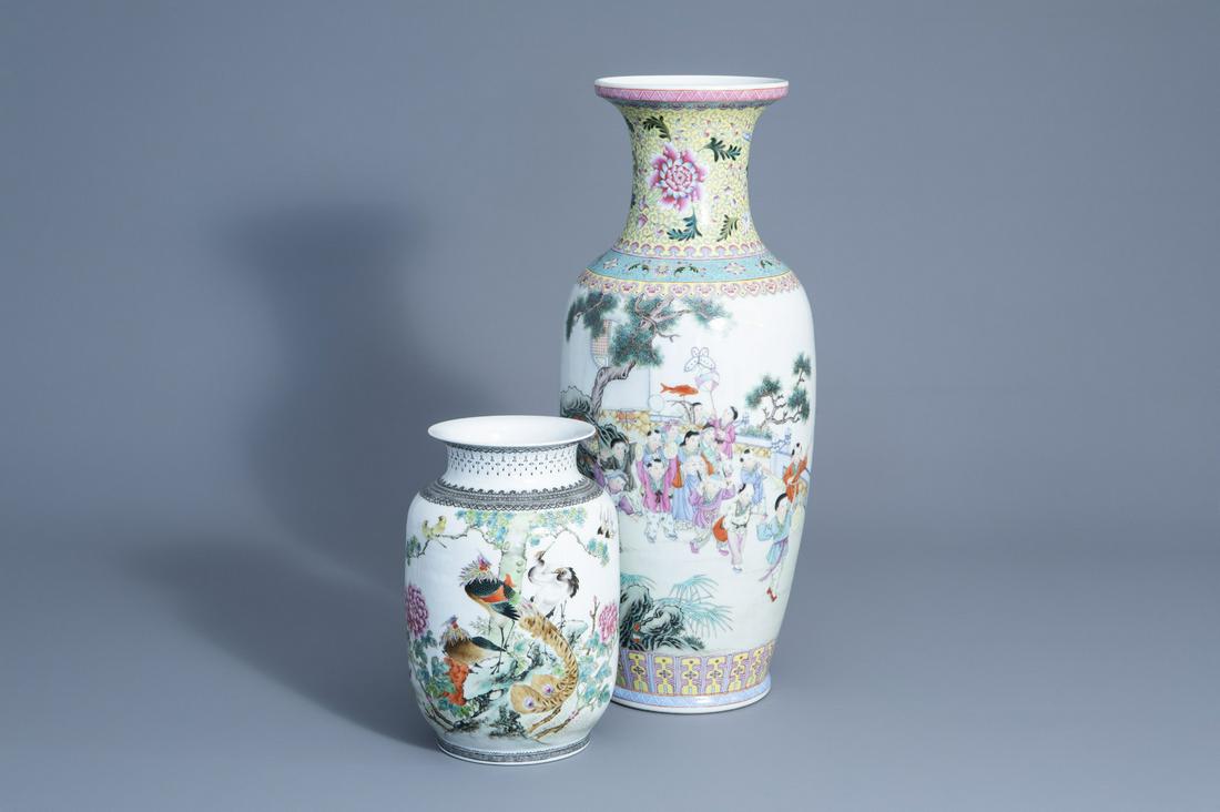 Two Chinese famille rose vases with different designs, (1 of 7)