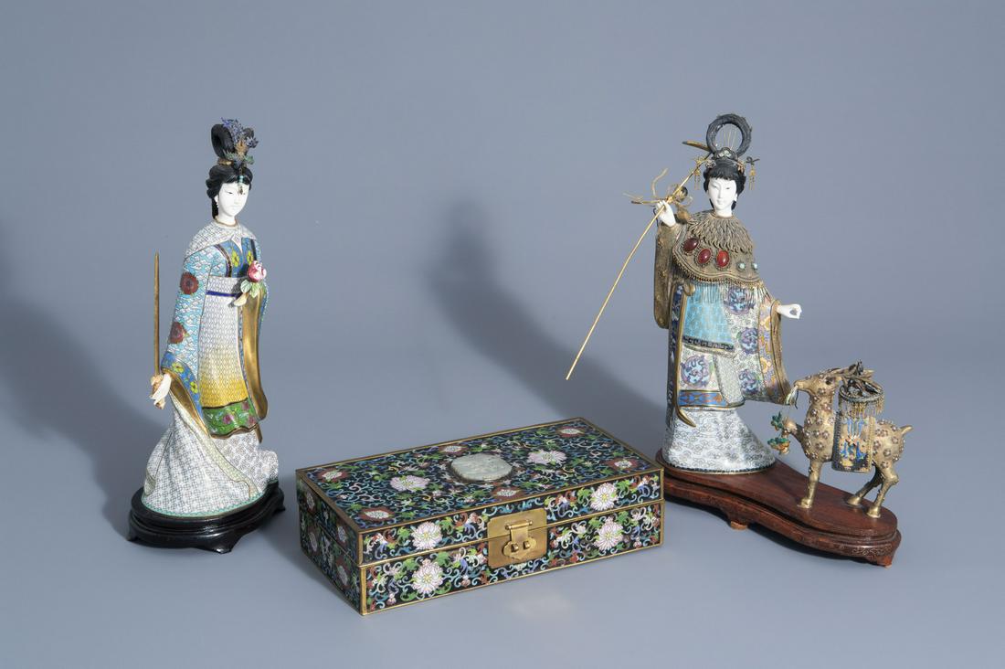 Two Chinese cloisonné figures and a jade inlaid box and (1 of 15)