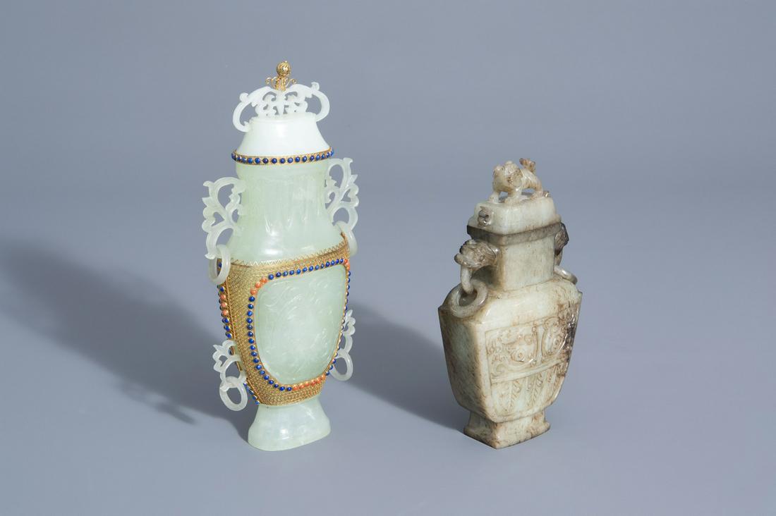 Two Chinese jade vases and covers, 19th/20th C. (1 of 7)