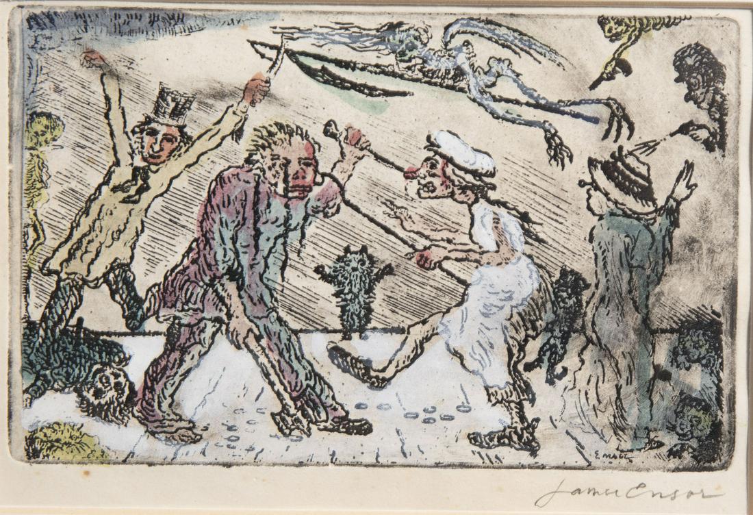 James Ensor (1860-1949, after): James Ensor (1860-1949, after): 'Anger', etching in colours, [1904] -- Description: Work: 14,6 x 9,3 cm Frame: 43,5 x 38,5 cm 2nd state. The print is one of the series consisting of the album "