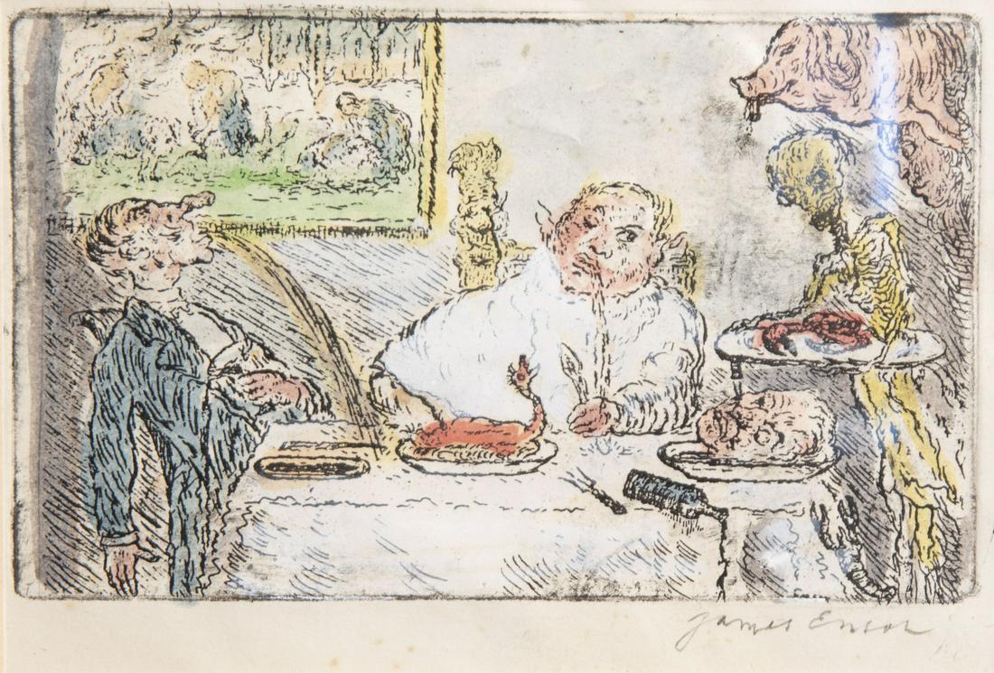 James Ensor (1860-1949, after):: James Ensor (1860-1949, after): 'Gluttony', etching in colours, [1904] -- Description: Work: 14,6 x 8,8 cm Frame: 43,5 x 38,5 cm 2nd state. The print is one of the series consisting of the albu