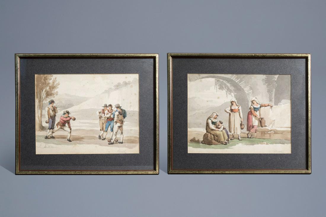 Bartolomeo Pinelli (1781-1835): Two scenes from: Bartolomeo Pinelli (1781-1835): Two scenes from everyday life in Italy, pencil and watercolour on paper, [1808] -- Description: Work: about 25 x 20 cm Frame: 33,4 x 28,5 cm The orig