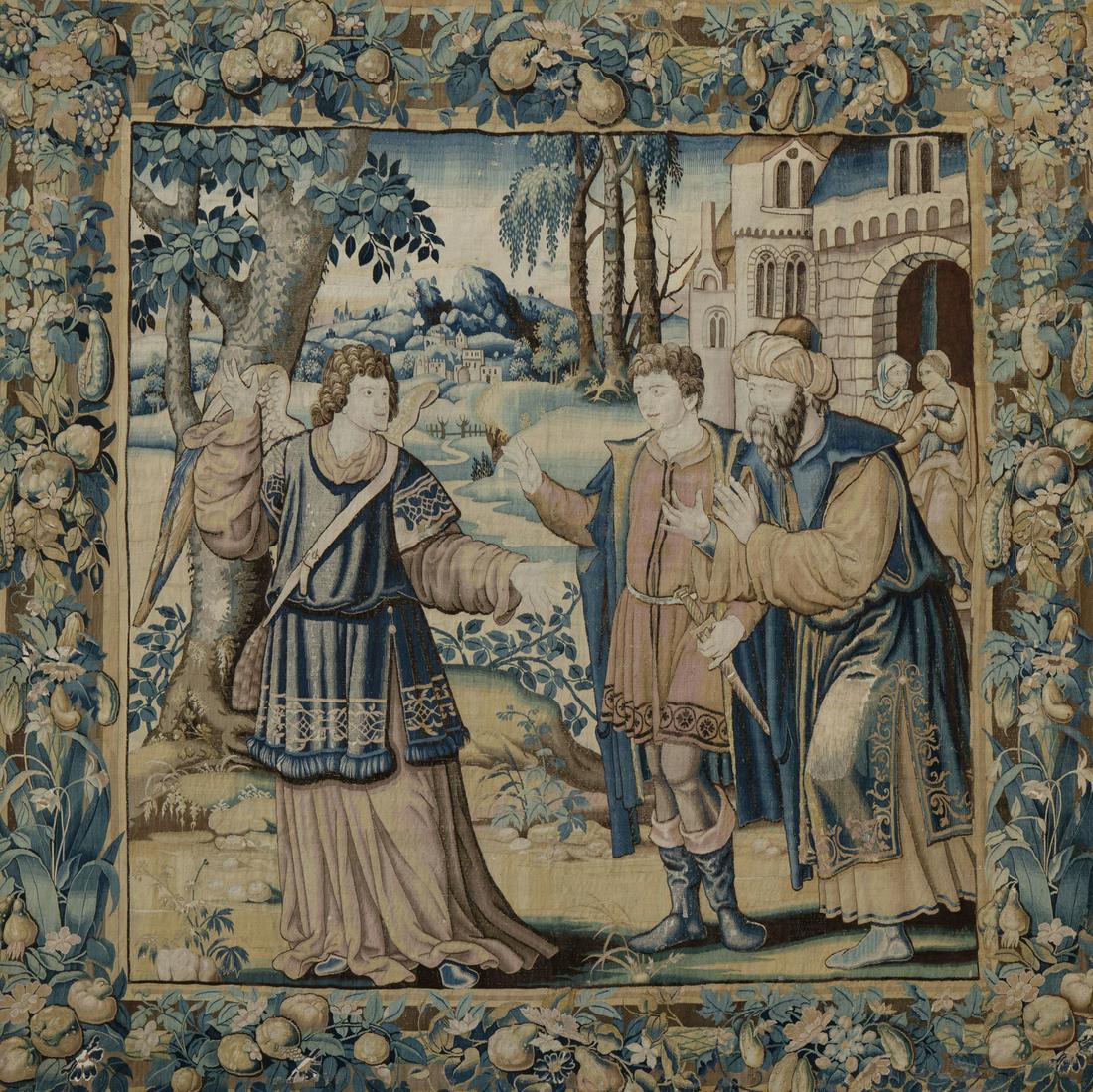 An impressive Flemish tapestry with Tobias of Nineveh: An impressive Flemish tapestry with Tobias of Nineveh and the archangel Raphael, Southern Netherlands, 16th C. -- Description: 331 x 321 cm