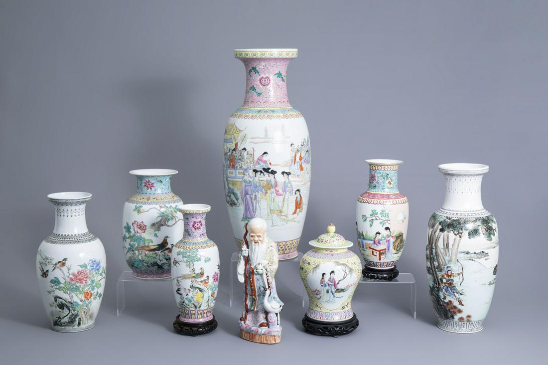 Seven various Chinese famille rose vases and a Shou Lao (1 of 14)