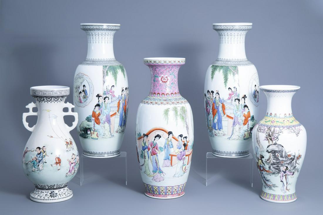 Five various Chinese famille rose vases with figures in (1 of 7)