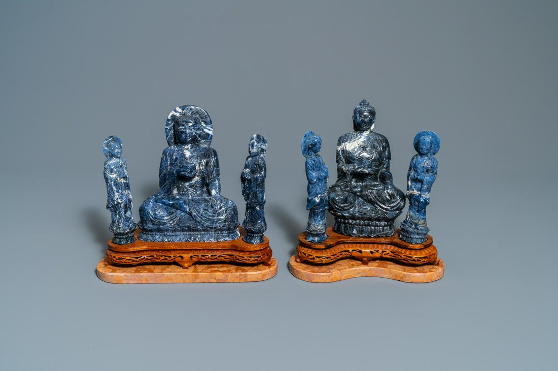 Two Chinese lapis lazuli groups on a wood stand and (1 of 13)