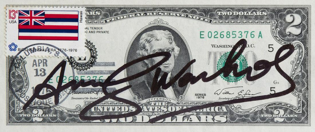 Andy Warhol (1928-1987): An autographed two-dollar bill: Title: Andy Warhol (1928-1987): An autographed two-dollar bill depicting Thomas Jefferson, dated 1976 Description: Work: 15,7 x 6,6 cm Frame: 20,3 x 15,2 cm With a certificate of authenticity by Galer