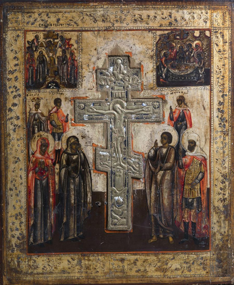 A large Russian Stavrotek icon with depictions of the (1 of 7)