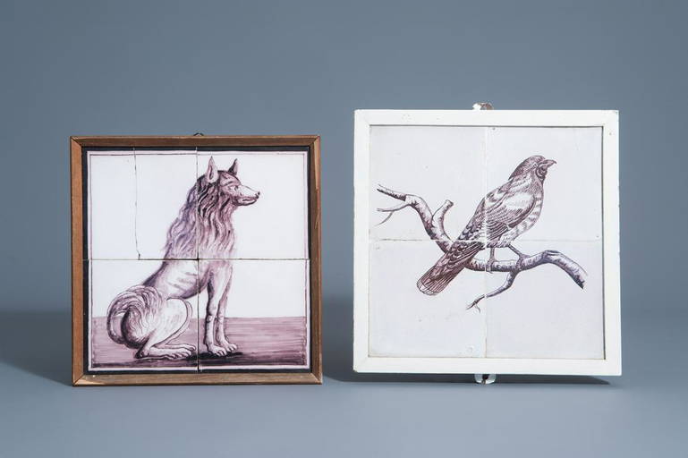 Two Manganese Dutch Delft Tile Panels With A Dog And A