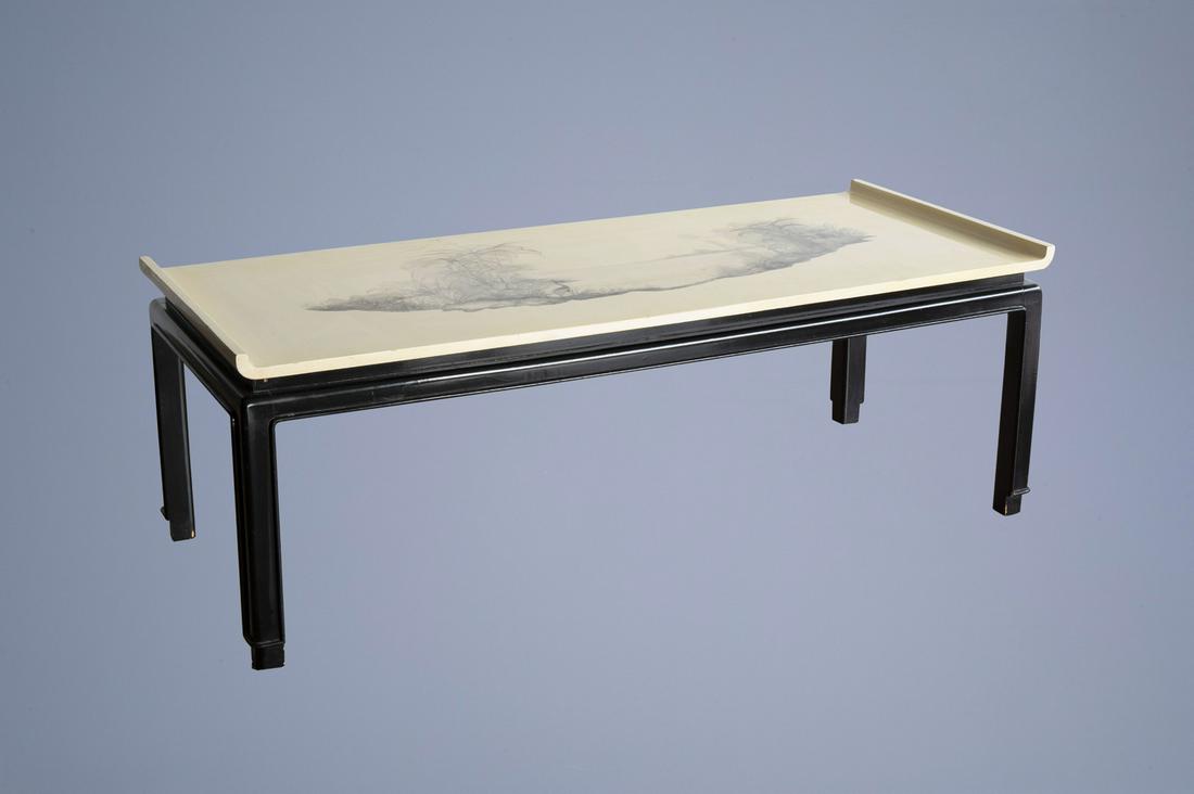 Paul Vandenbulcke for De Coene: A wooden coffee table: Title: Paul Vandenbulcke for De Coene: A wooden coffee table with lacquered ivory coloured top in the Japanese manner, Belgium, 1950's Description: H 42 - L 120 - D 50 cm This type of coffee tables wa